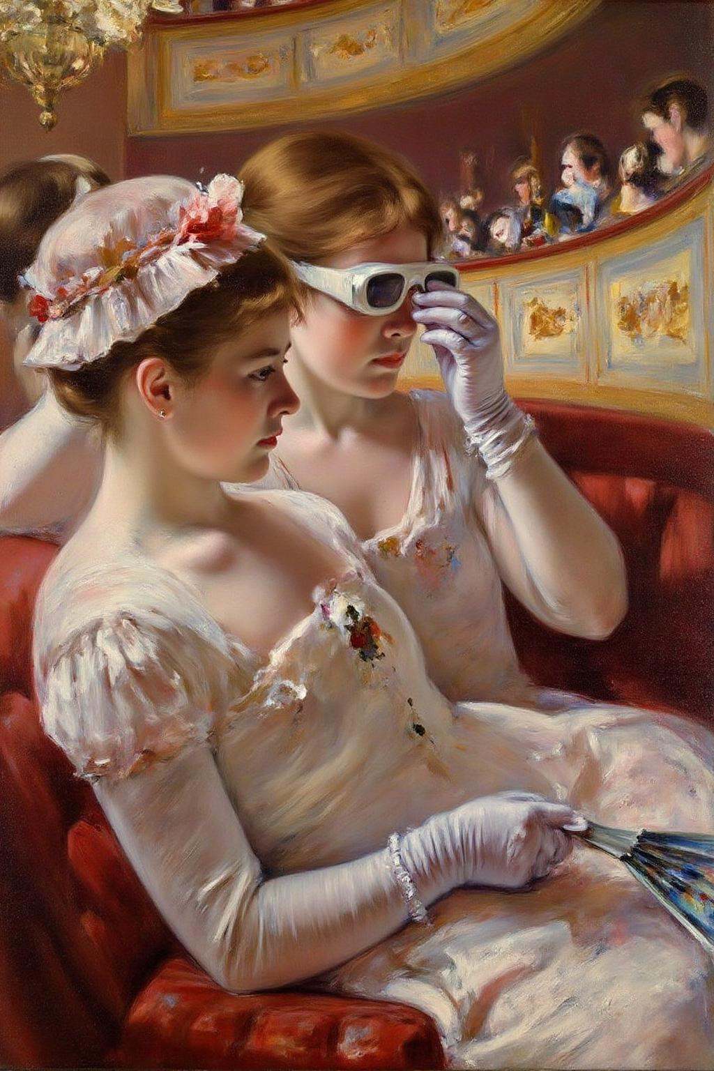 marycassatt1 painting.Profiles of two woman in an elegant,  ornate theater box. The women in the front is holding a fan. T...