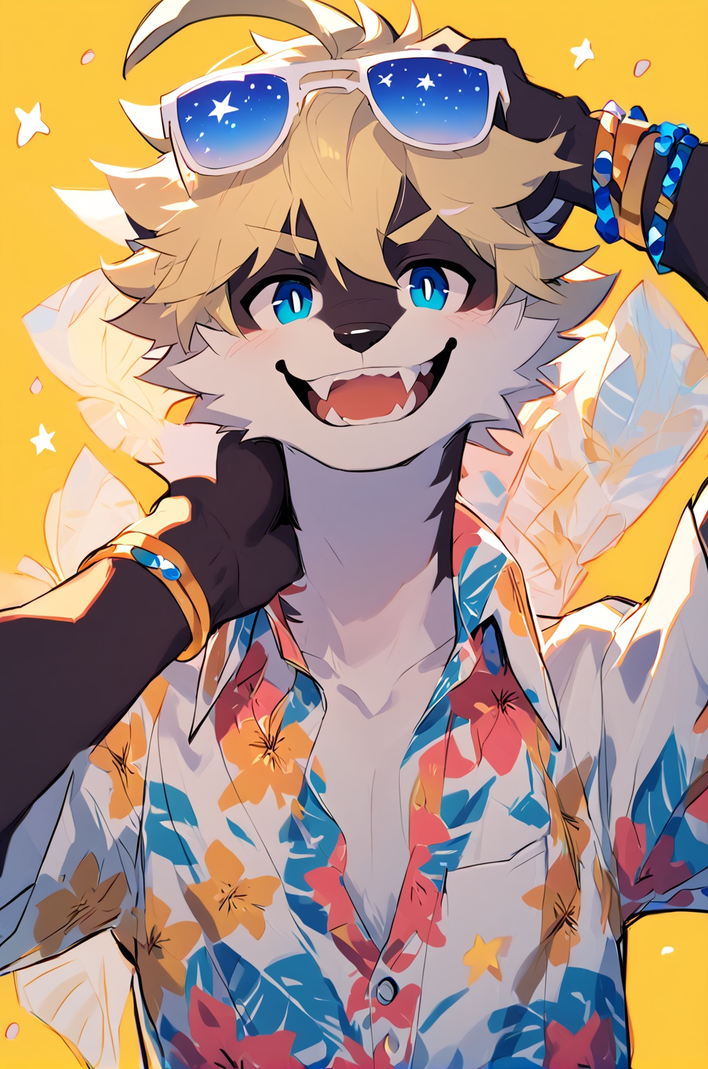 solo,looking at viewer,smile,short hair,open mouth,bangs,blue eyes,blonde hair,simple background,shirt,1boy,hair between eyes,jewelry,upper body,ahoge,short sleeves,:d,male focus,collared shirt,hand up,bracelet,shinning fangs,shinning teeth,shinning star on teeth,kirakira,floral print,sunglasses,yellow background,print shirt,hawaiian shir,body fur,anthro,furry,