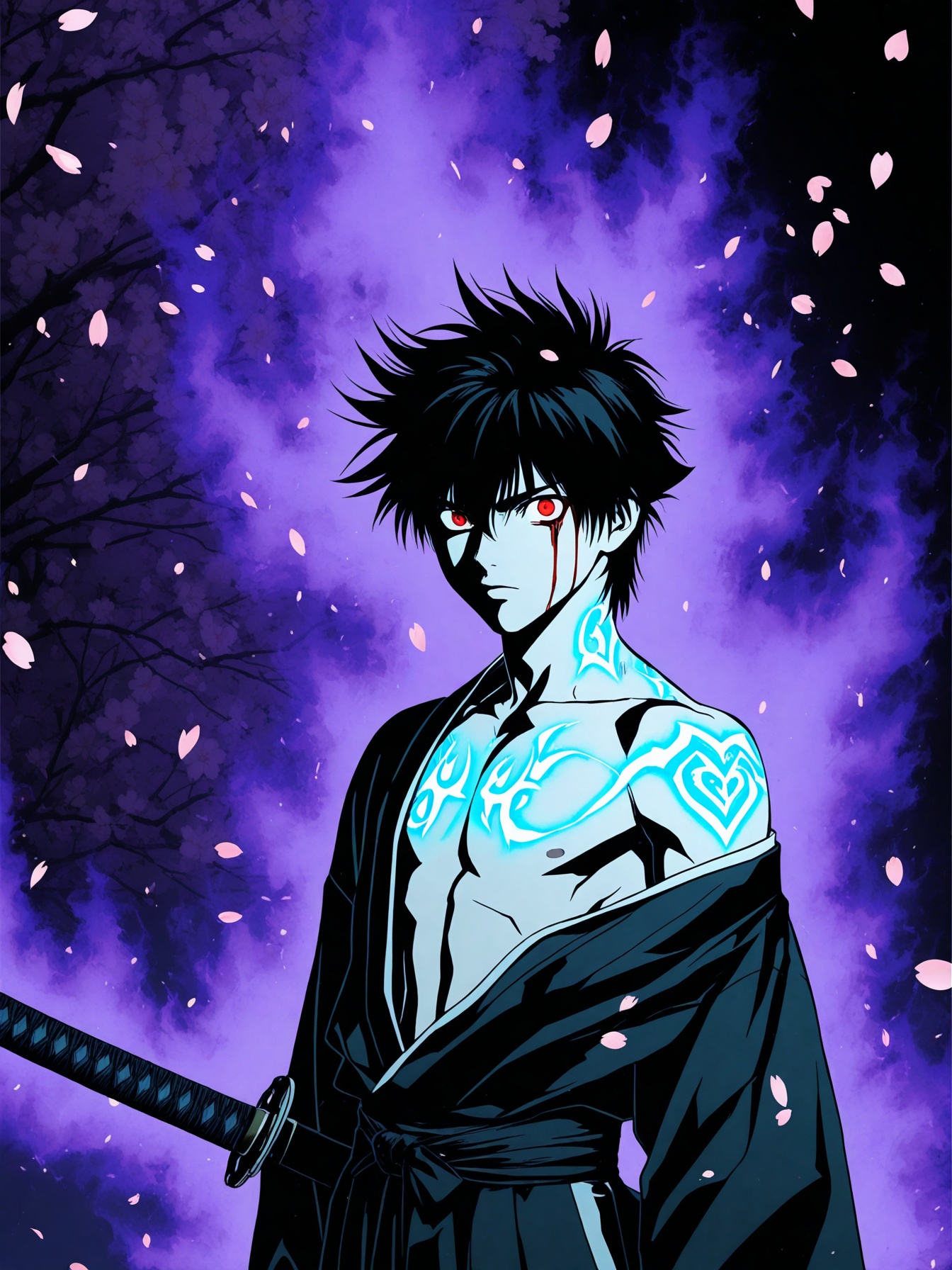 handsome young warrior,  shirtless under tattered kimono,  glowing runes on skin on Tensor.Art