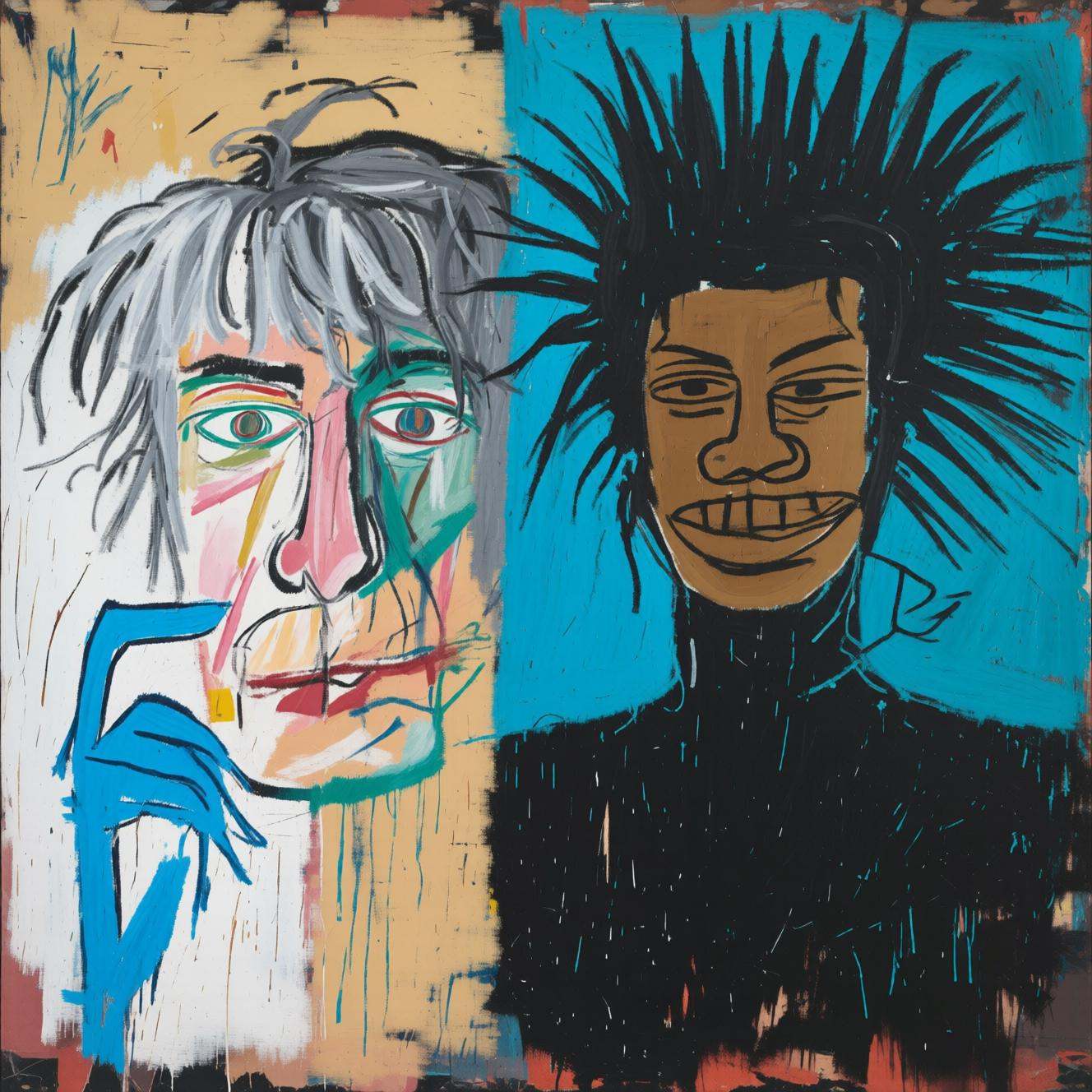 jeanmichelbasquiat2q painting.Two men posing side by side.On the left is Andy Warhol,  a man with wild gray hair. He is sc...