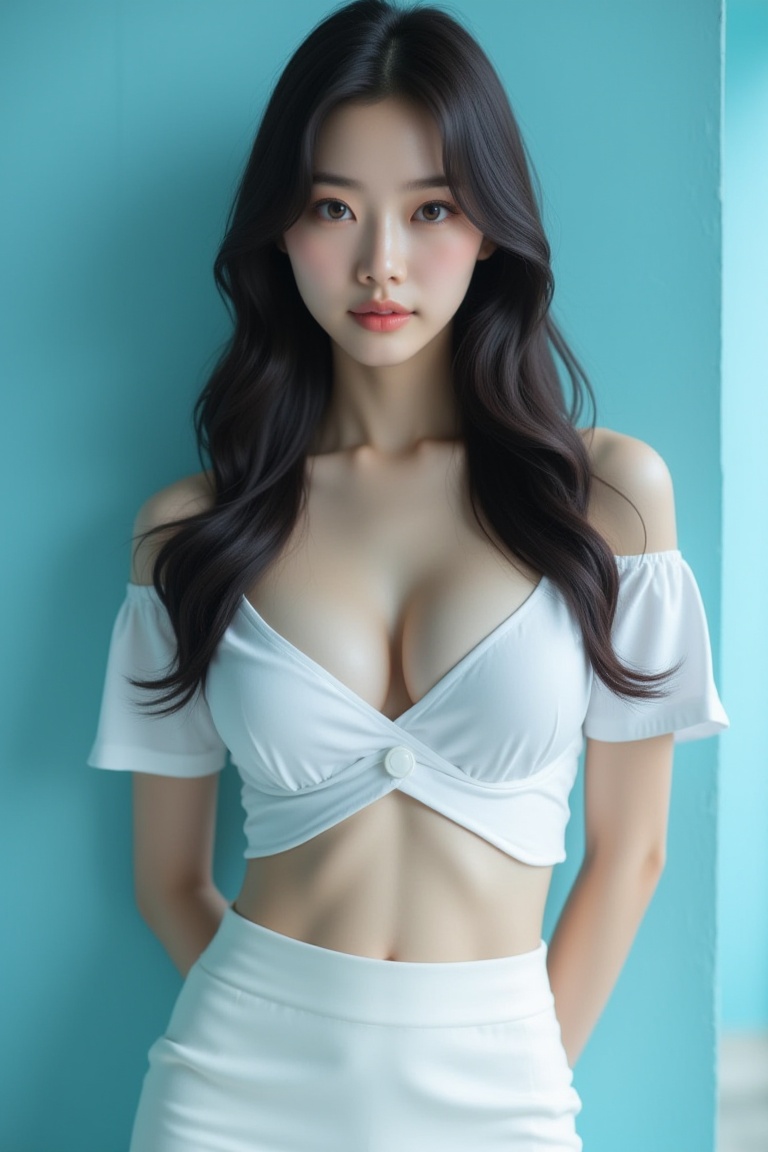 [66][24_94]Against a soft,  true gradient blue background,  a stunning real large breasts Japanese woman with long on Tens...
