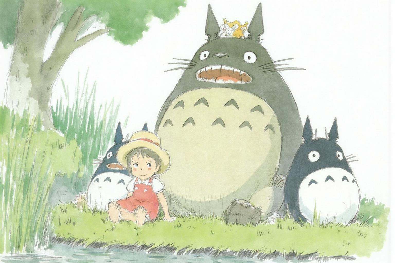 hayaomiyazaki2 illustration. A large Totoro sits on the ground,  surrounded by smaller Totoros. In the foreground,  a girl...