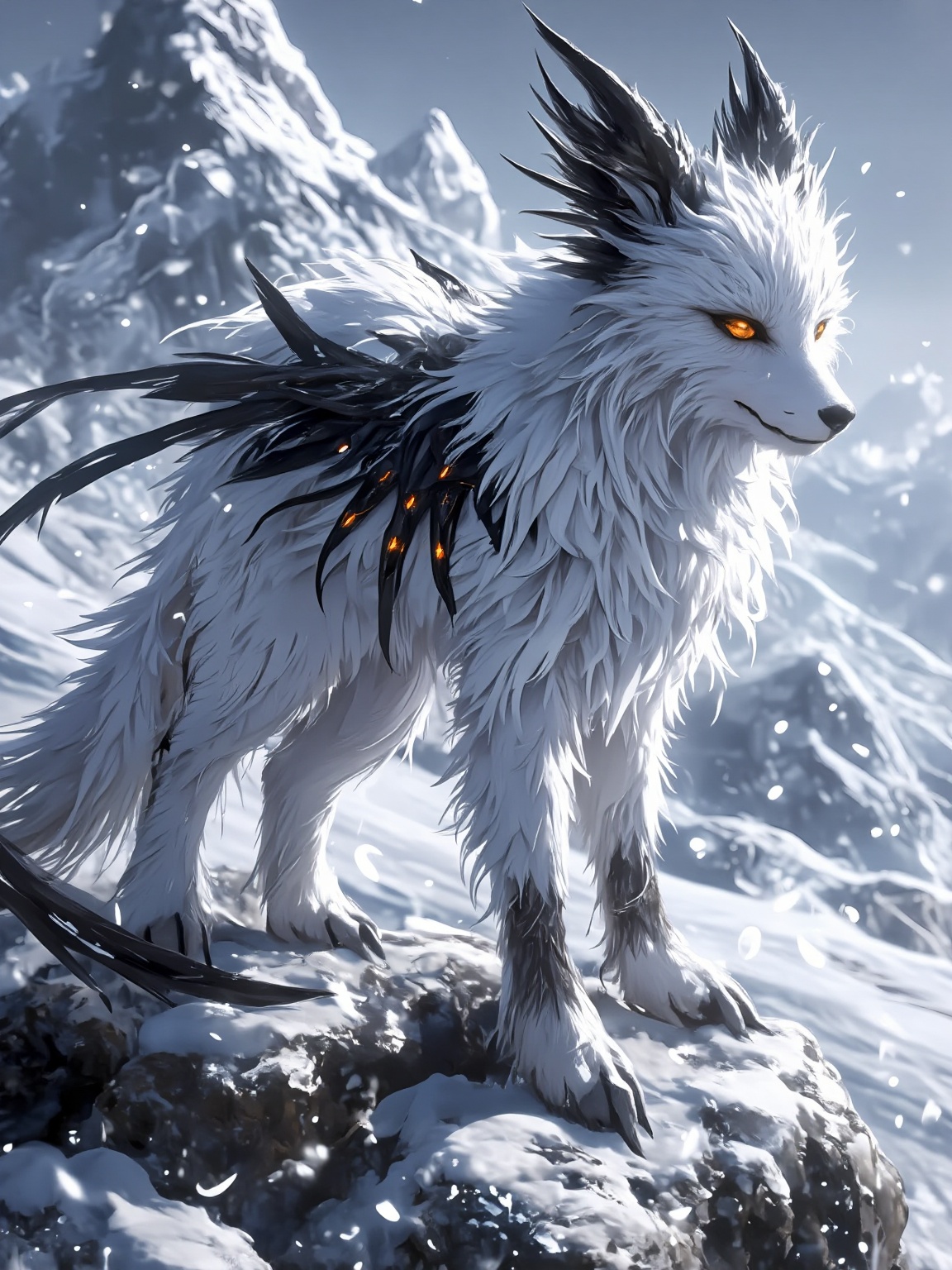 This is a highly detailed digital artwork depicting a fantastical creature resembling a fox. The creature stands on a rock...