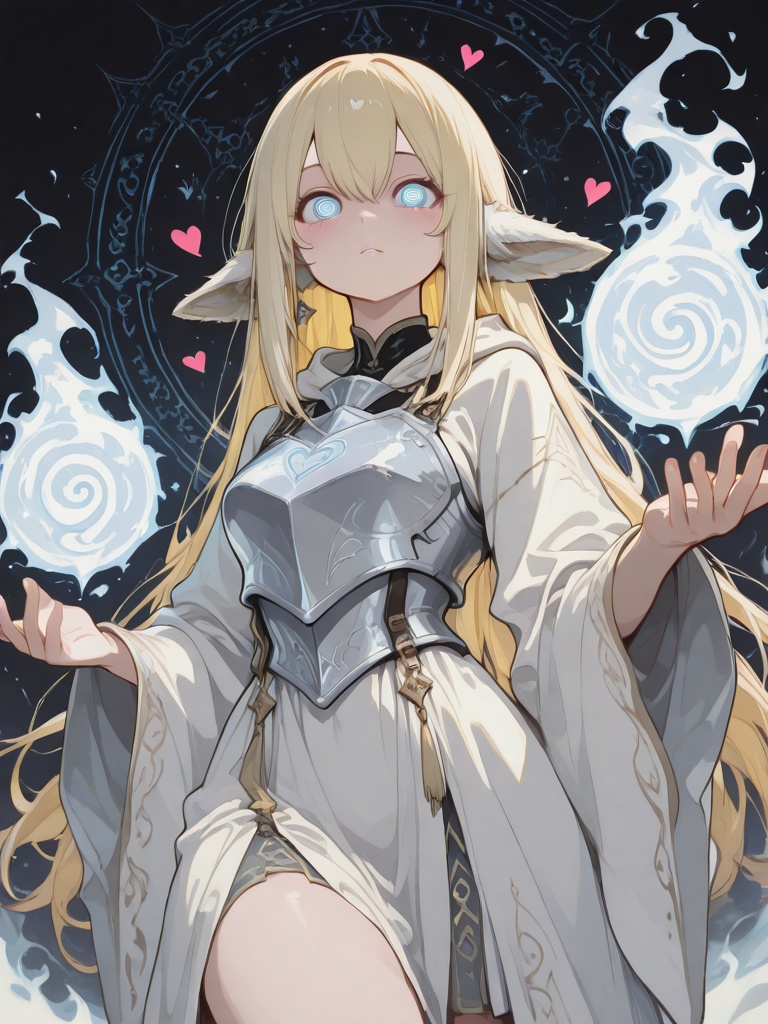 Envision a hyper-realistic 8K portrait of an enigmatic female elven light mage with mesmerizing eyes aglow with intense wh...