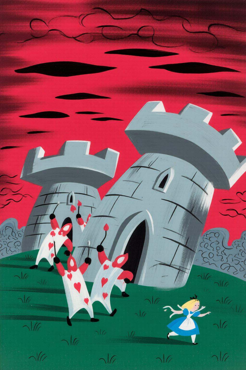 maryblair4q illustrationTwo large grey stone towers lean to the right under a red sky. Several anthropomorphic guards with...