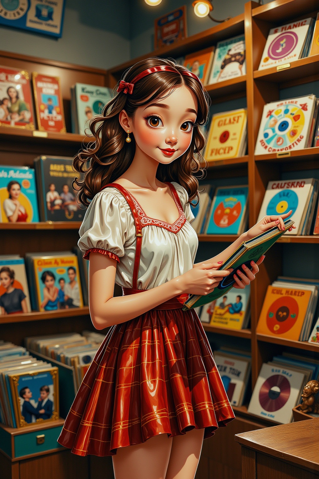 SK,SK,the girl stood in a vintage record store corner in a white lace top with a red plaid skirt. She searched intently for the record,pulled out a favorite,gently brushed the dust off the surface,her eyes showed excitement,and then hummed a ditty to the audition area.,