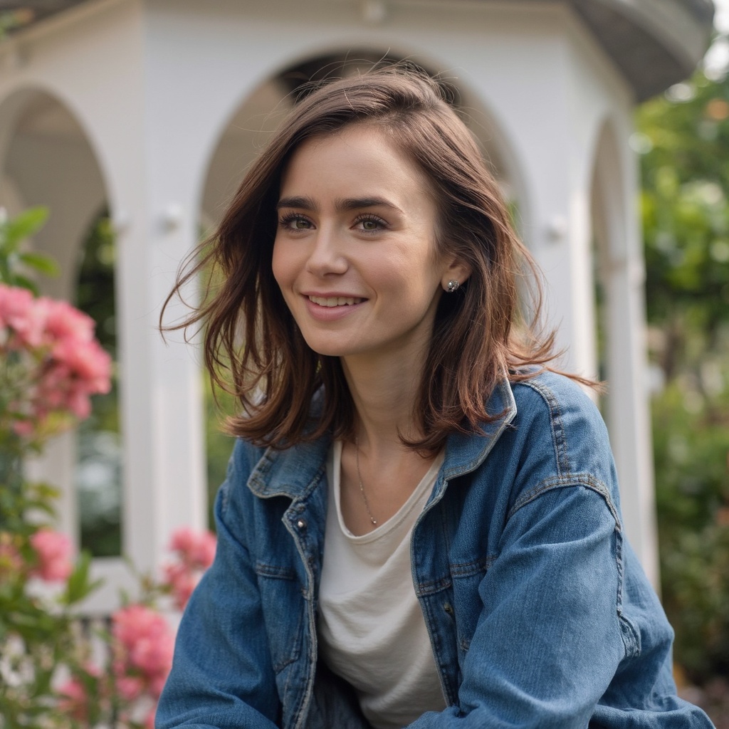 A portrait of lily_collins seated outdoors. She has long,  wavy brown hair and wears a denim jacket over a white shirt. A...