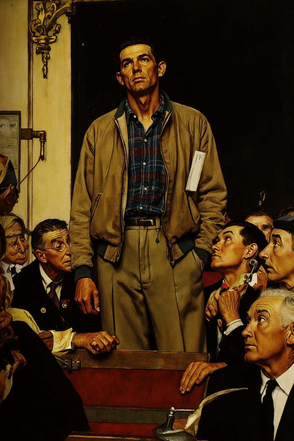 normanrockwell1 painting.A man is standing in a crowded room,  wearing a worn beige jacket with a blue and red plaid shirt...