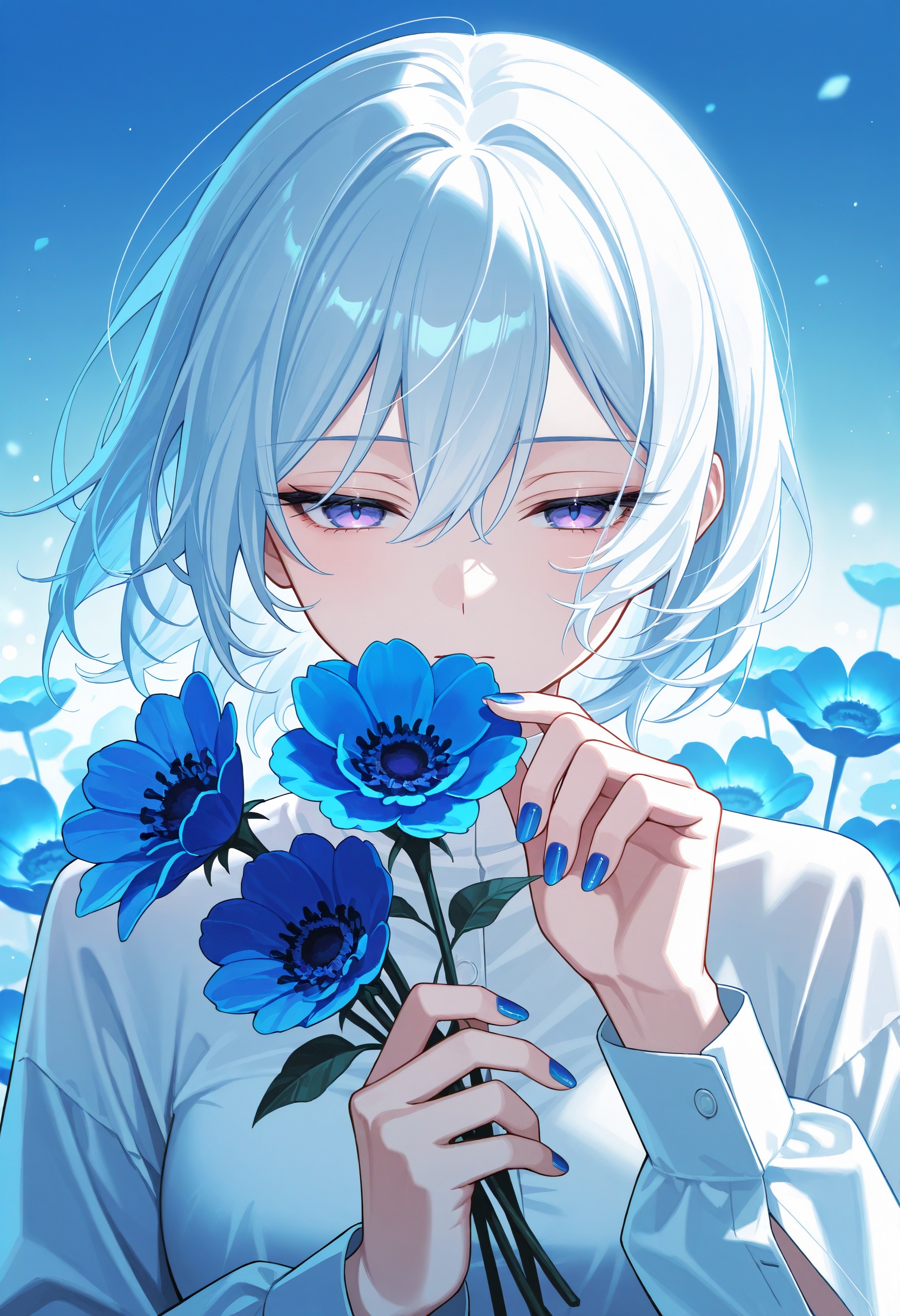 1girl,  looking at viewer,  holding a big blue flower on Tensor.Art