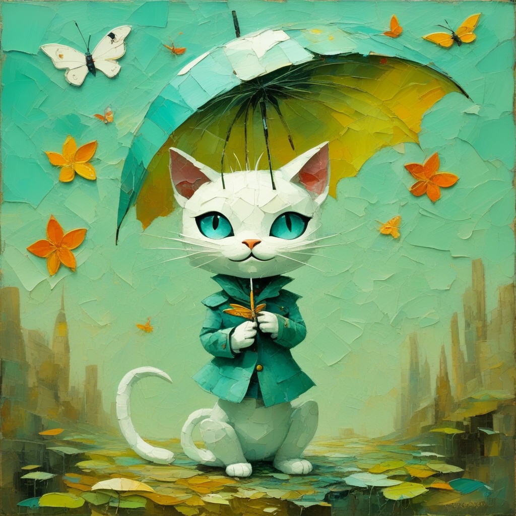 her expression peaceful and serene.,  and there is a watermark in the corner of the painting.,  surrounded by a vibrant ar...
