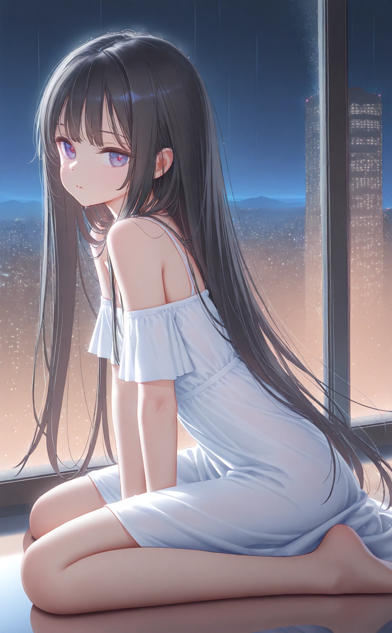 masterpiece,best quality,high quality,loli,(artist:ningen_mame:0.9),(artist:sho_(sho_lwlw):0.9),(artist:rhasta:0.9),(artist:wlop:0.7),(artist:ke-ta:0.6),(fkey:0.5),(tianliang duohe fangdongye:0.5),(hiten \(hitenkei\):0.6),loli,1girl,long hair,solo,dress,very long hair,black hair,rain,sitting,reflection,white dress,cityscape,off shoulder,skyscraper,window,city,building,indoors,looking at viewer,bare shoulders,city lights,short sleeves,barefoot,reflective floor,off-shoulder dress,wariza,night,hand between legs,