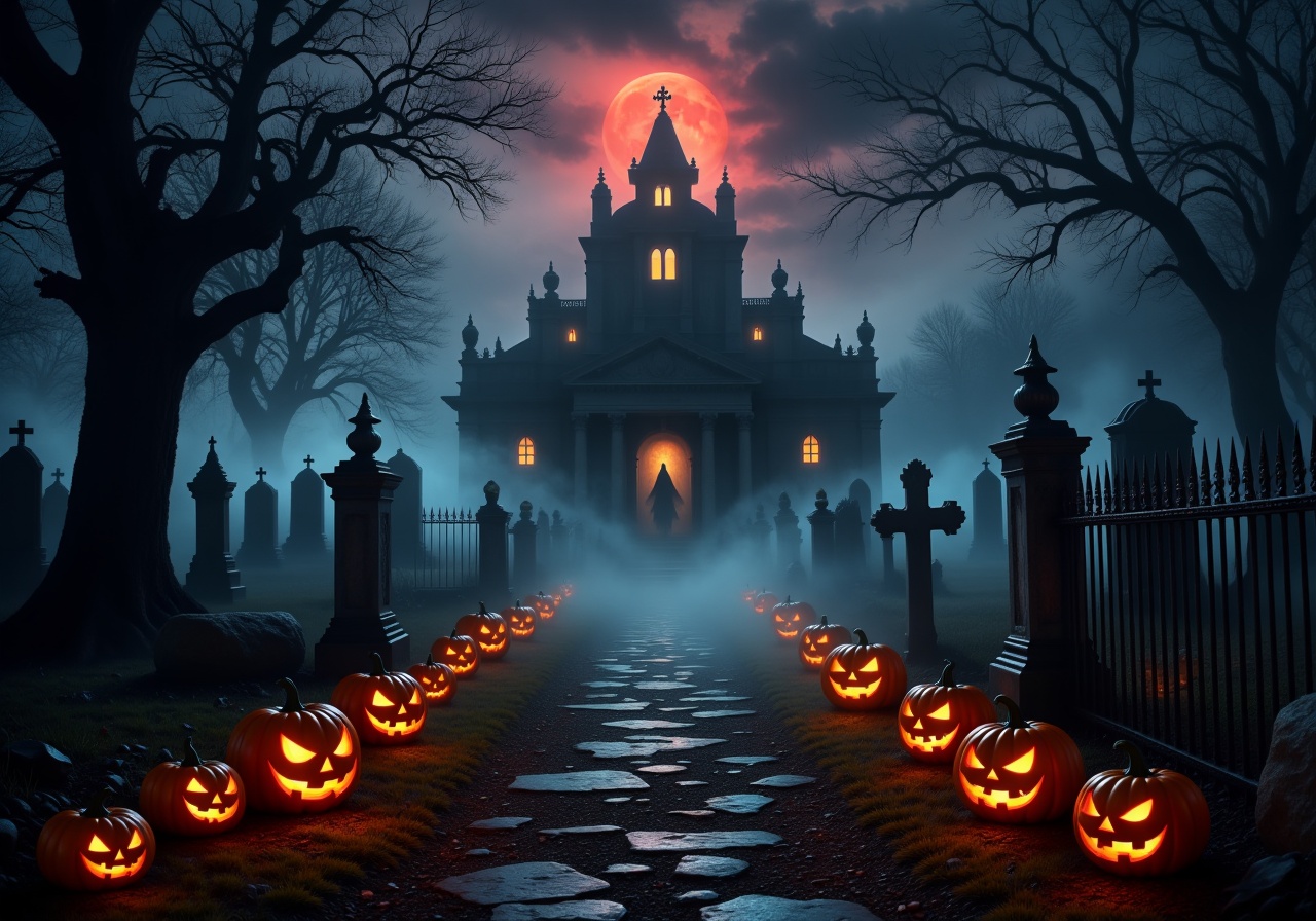 A misty graveyard under a blood moon: Jack-o’-lanterns flicker along the eerie path,  leading to an ancient crypt. Shadows...