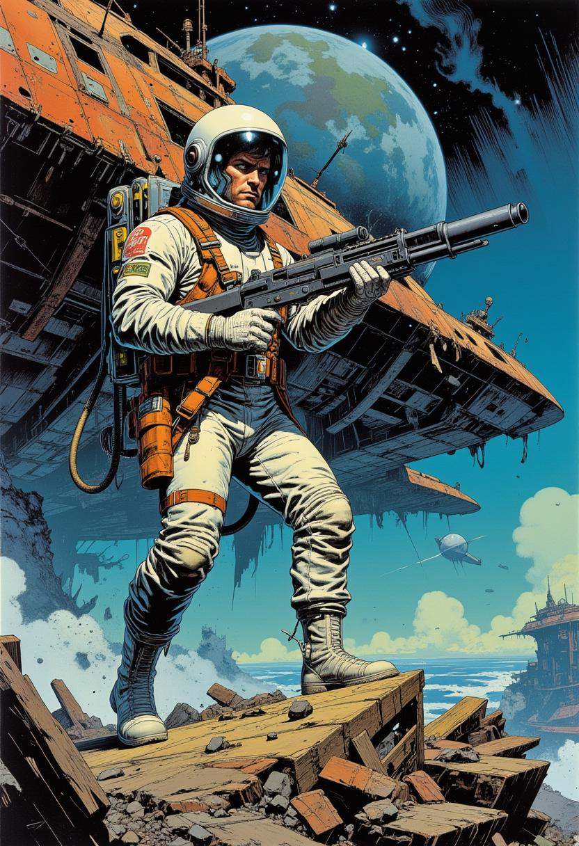 comic book art,  a handsome male astronaut wearing sleek modern spacesuit holding a retro laser pistol on (A massive,  anc...