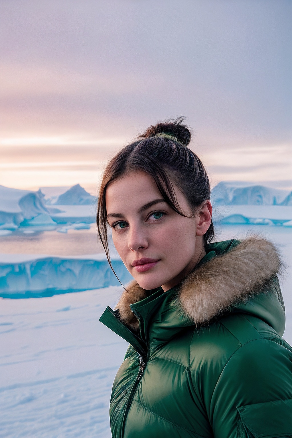 LivT_SoloTI_v1,  (In a striking,  form-fitting emerald-green parka lined with soft fur on Tensor.Art