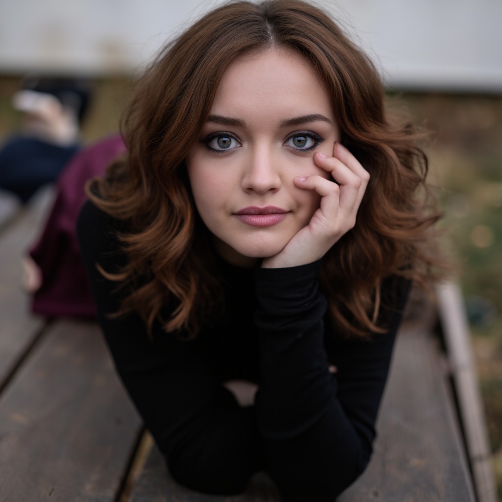 A portrait of olivia_cooke lying on a wooden bench outdoors. She wears a black long-sleeved top and dark pants. Her long,...