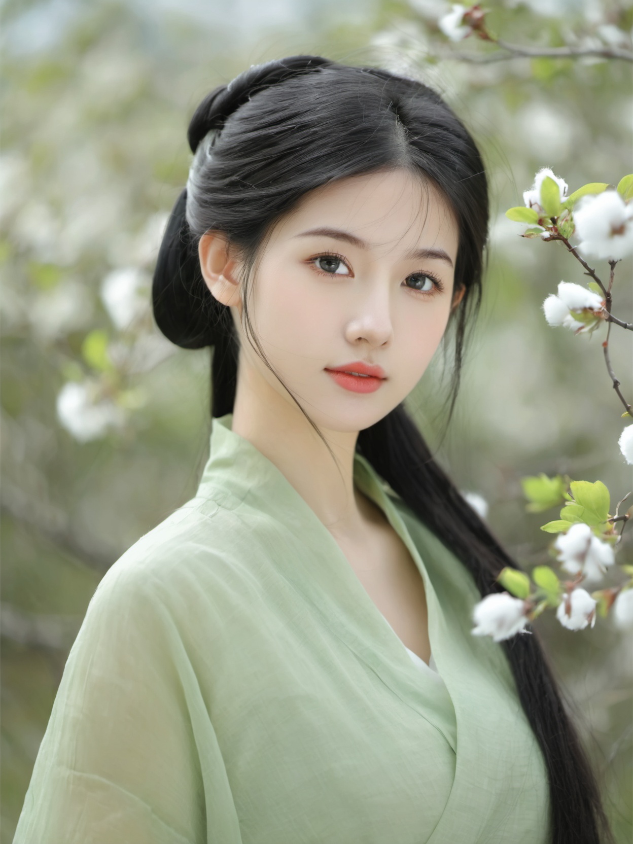 QIEMANCN, photograph of a beautiful girl,( in a green  dress:1.2), looking at viewer,  upper body, black hair,  cotton material,  (perfect eyes, beautiful face and black eyes:1.3, natural skin),flowers , (details:1.1), photorealistic, ultra realistic,32k,RAW photo, 8k uhd, dslr, high quality, film grain, <lora:lora-of-chinese-clothes-song-dynasty-style-sdxl-000010:0.8>
