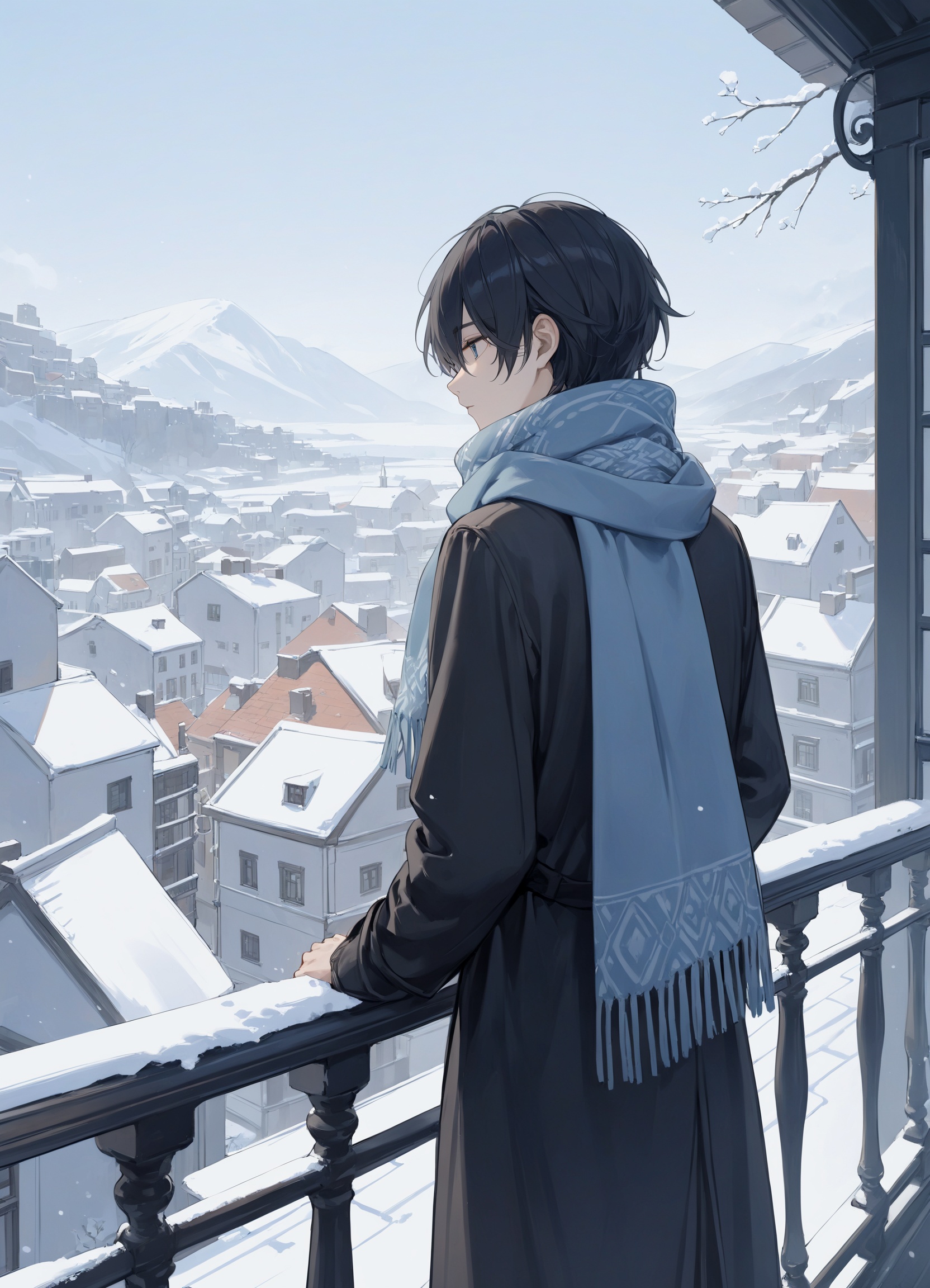 masteroiece,best quality,On a balcony,a young leaned against the railing,wearing a scarf and gazing into the distance. The soft winter snow shrouded the town in the distance,and his dark clothes blended with the quiet and gentle colors of the day,from behind,from far,
