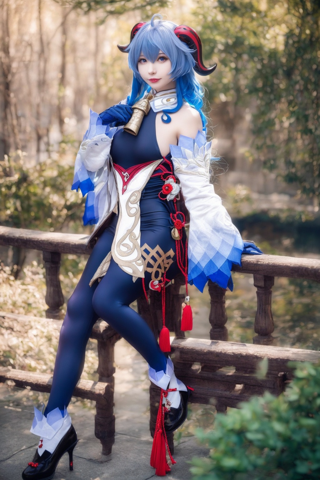 1girl,ganyu (genshin impact),solo,horns,blue hair,gloves,detached sleeves,bell,long hair,full body,purple eyes,pantyhose,black gloves,neck bell,standing,bare shoulders,cowbell,high heels,ahoge,bangs,black pantyhose,white sleeves,bishoujo,****,white_skin,fair_skin,shiny_skin,glamor,oval face,heart shaped face,(smile:0.9),posing,wallpaper,available light,realistic,in summer,day,outdoors,looking_at_viewer,<lora:killer手部优化000010:0.8>,(stylish_pose:1.1),chair,sitting,bouncing breasts,<lora:ganyuCOS:1.1>,small_breasts,