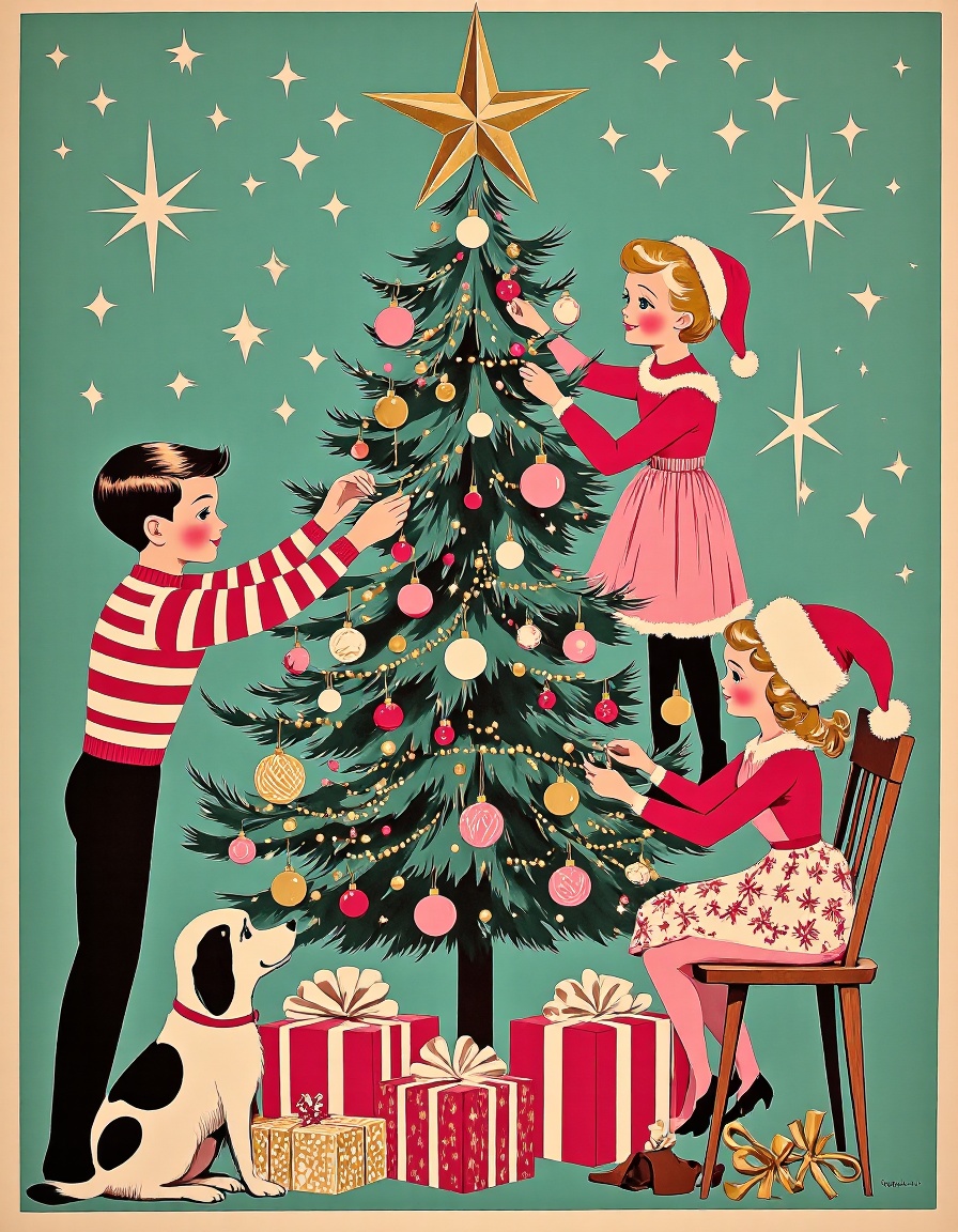 A retro vintage illustration of three children decorating a Christmas tree,  a boy in a red-and-white striped sweater plac...