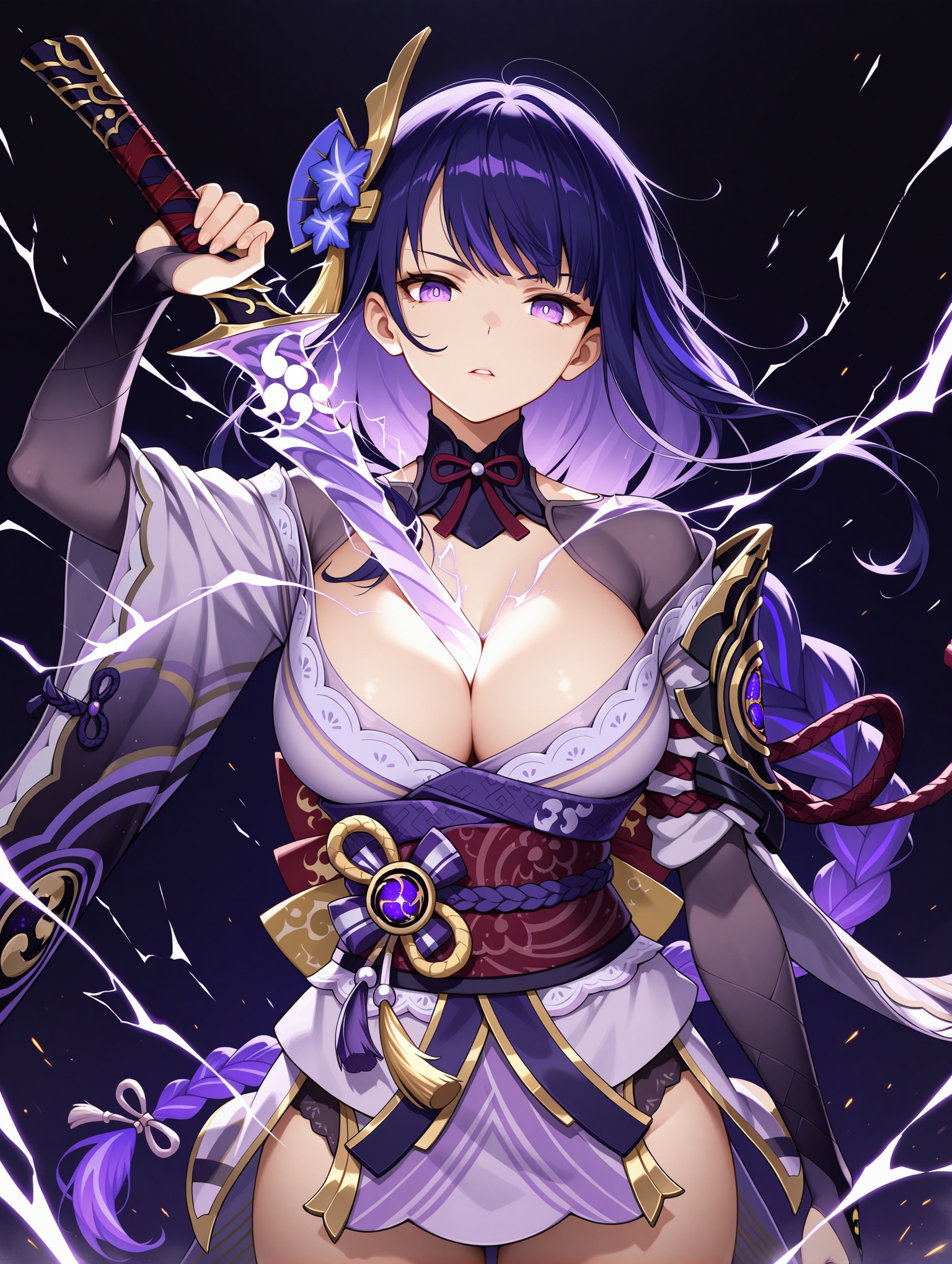 cowboy shot, 1girl, raiden shogun, holding sword,between breasts, head tilt, serious, hand up, looking at viewer, parted lips, wind, dark background, electricity, sparks,,masterpiece,best quality,amazing quality,