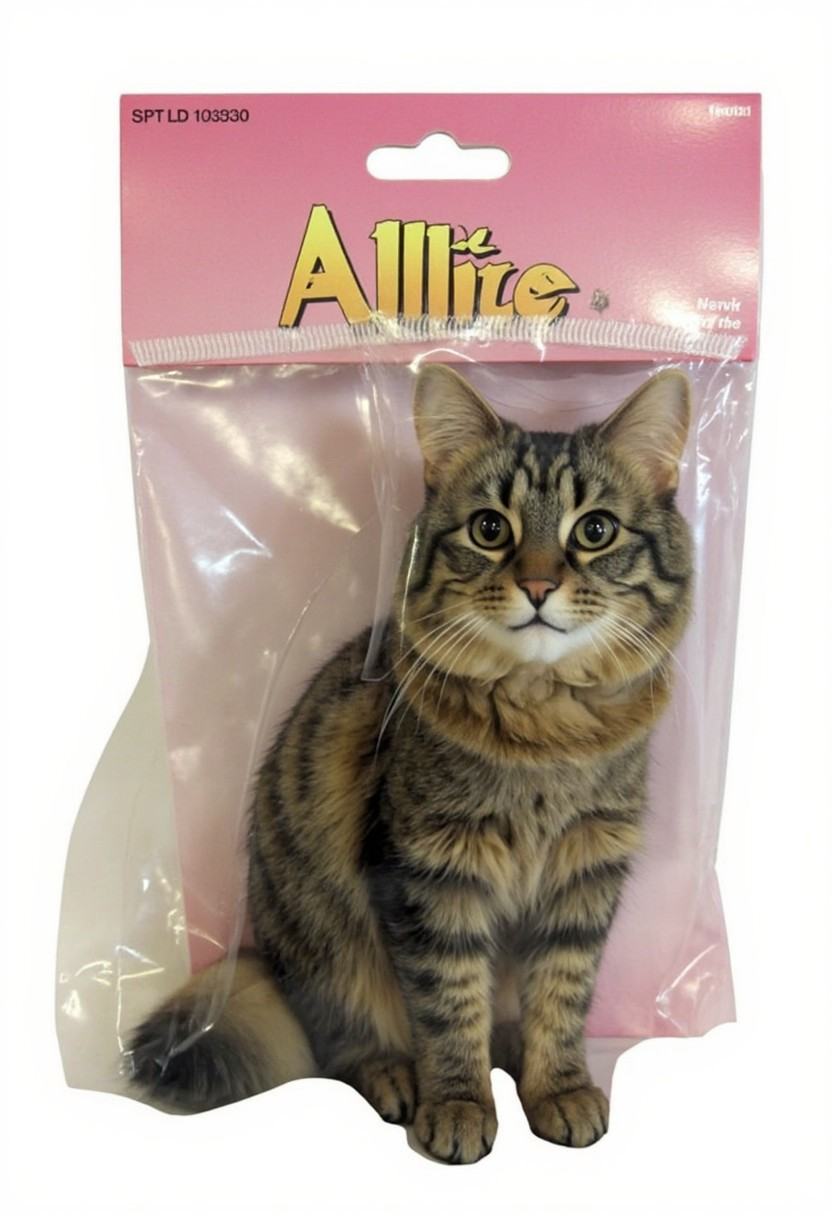 The image is a photograph of a packaged action figure with the title "Allie",  of a fluffy,  medium-sized cat named Allie...
