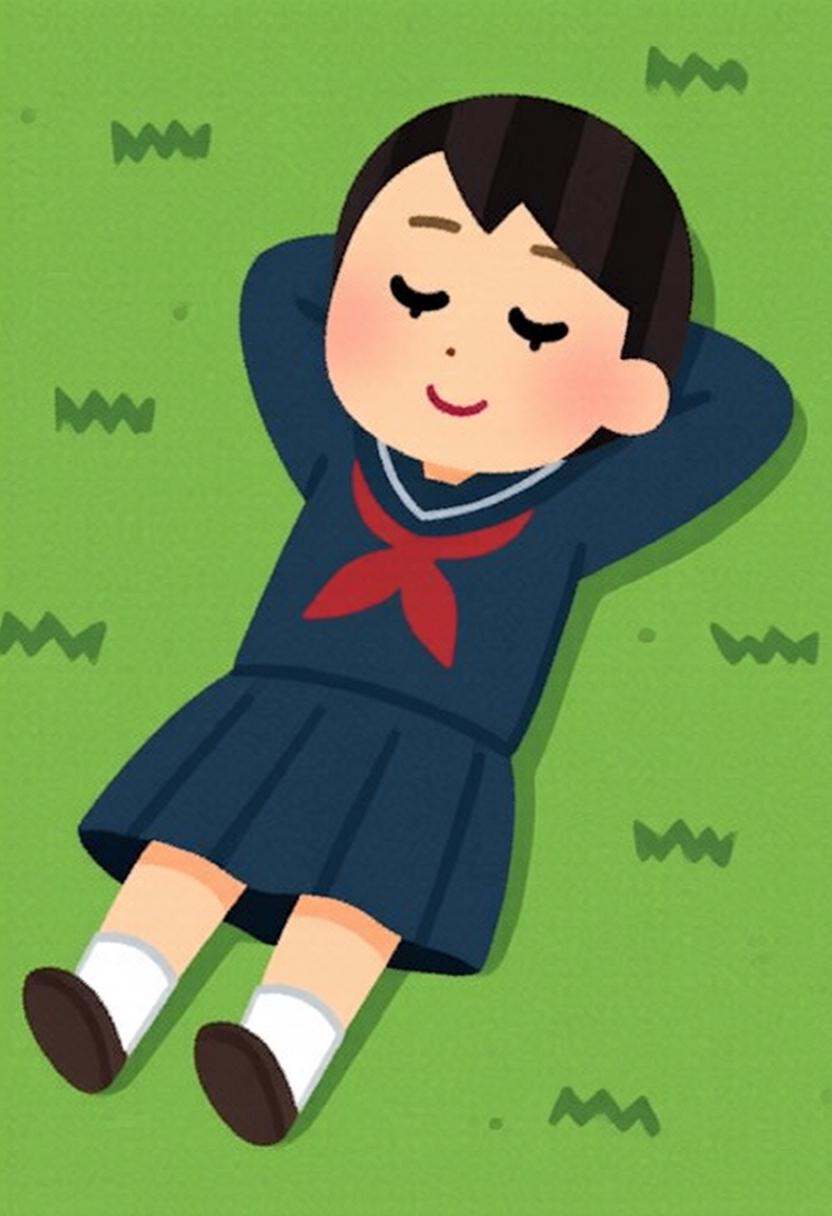 irasutoya3q illustration. A young girl sleeping,  lying on her back with grass around her. She is wearing a dark blue sail...
