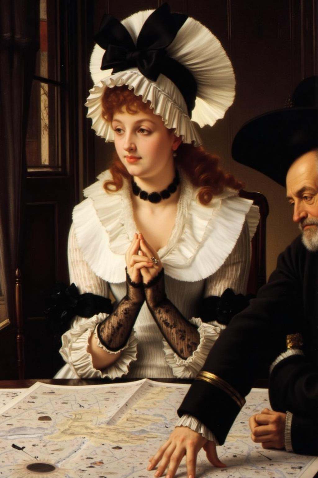 jati1 painting A young woman with fair skin and curly,  reddish-brown hair cascading down to her shoulders. She wears a vo...