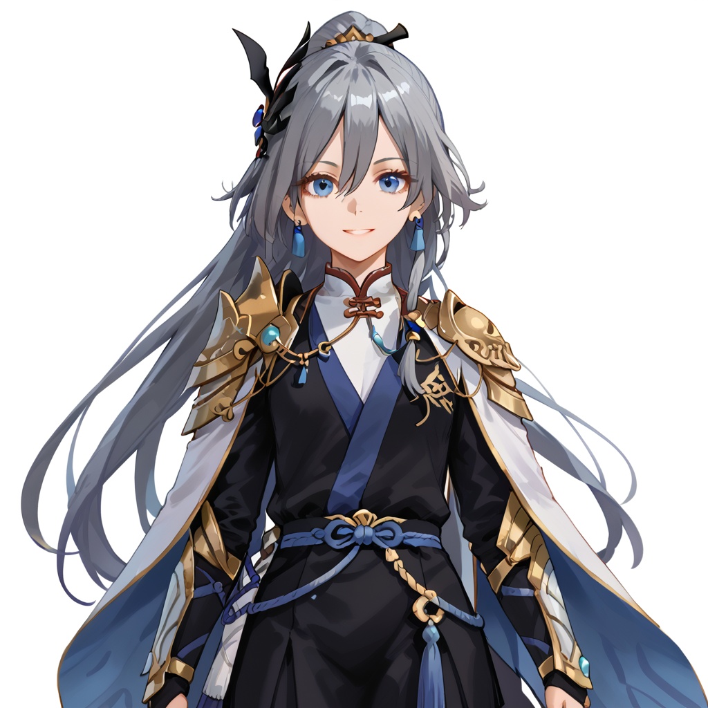 (white background:1.2),looking at viewer,(SOLO:1.4),outline,simple background,upper body, cowboy shot,looking at viewer,(((arms at side))),  fu hua,long hair, bangs, blue eyes, hair between eyes, ponytail, hair ornament, grey hair, blue hair, smile, earrings,long sleeves,armor,earrings,jewelry,hakama skirt,shoulder armor,chinese clothes,ponytail,long hair,<lora:shubianshang-pony:0.8>