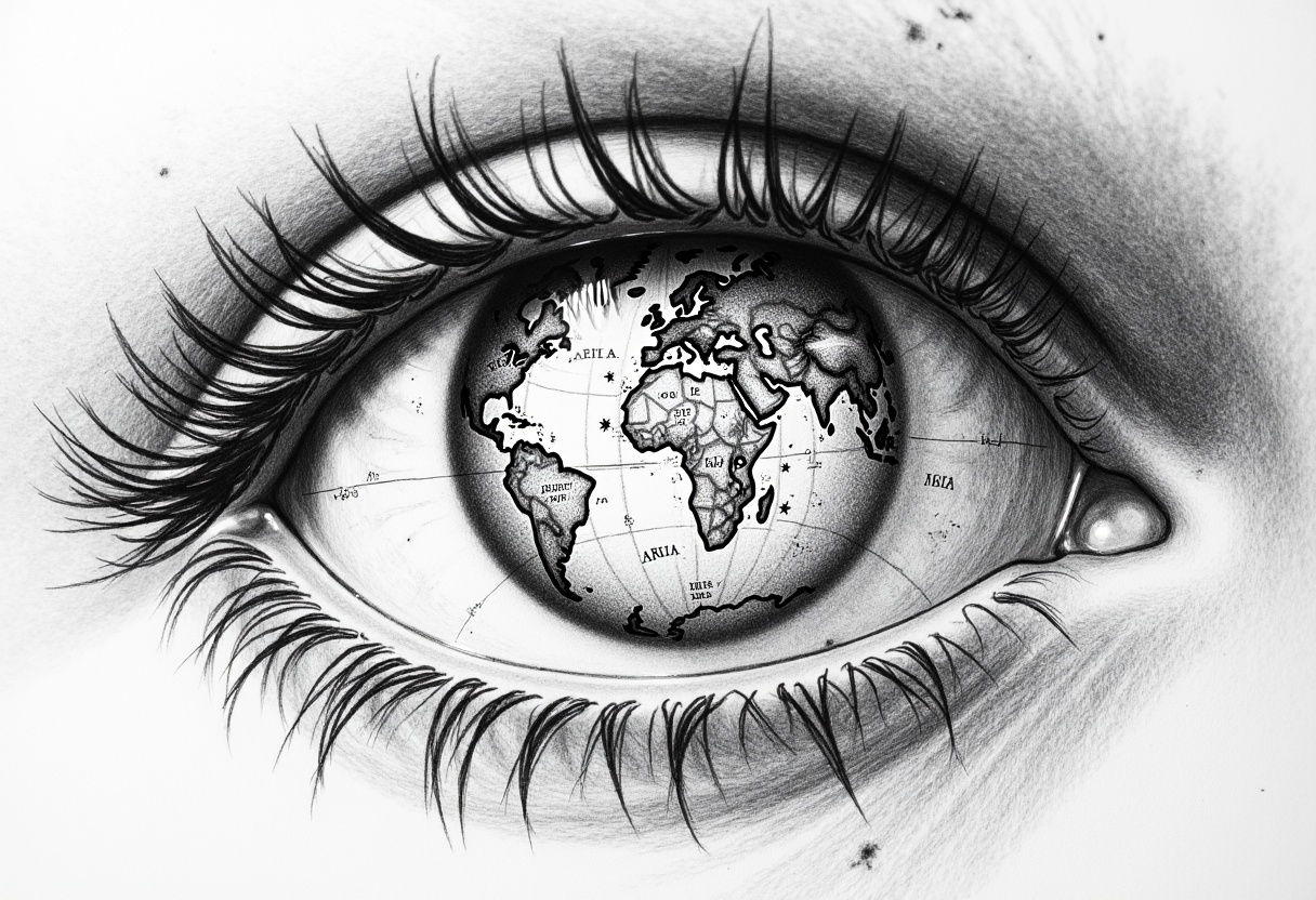 pencil drawing of a macro shot of a human eye. Embedded within the eye is an ancient map,  . The rest of the eye is depict...