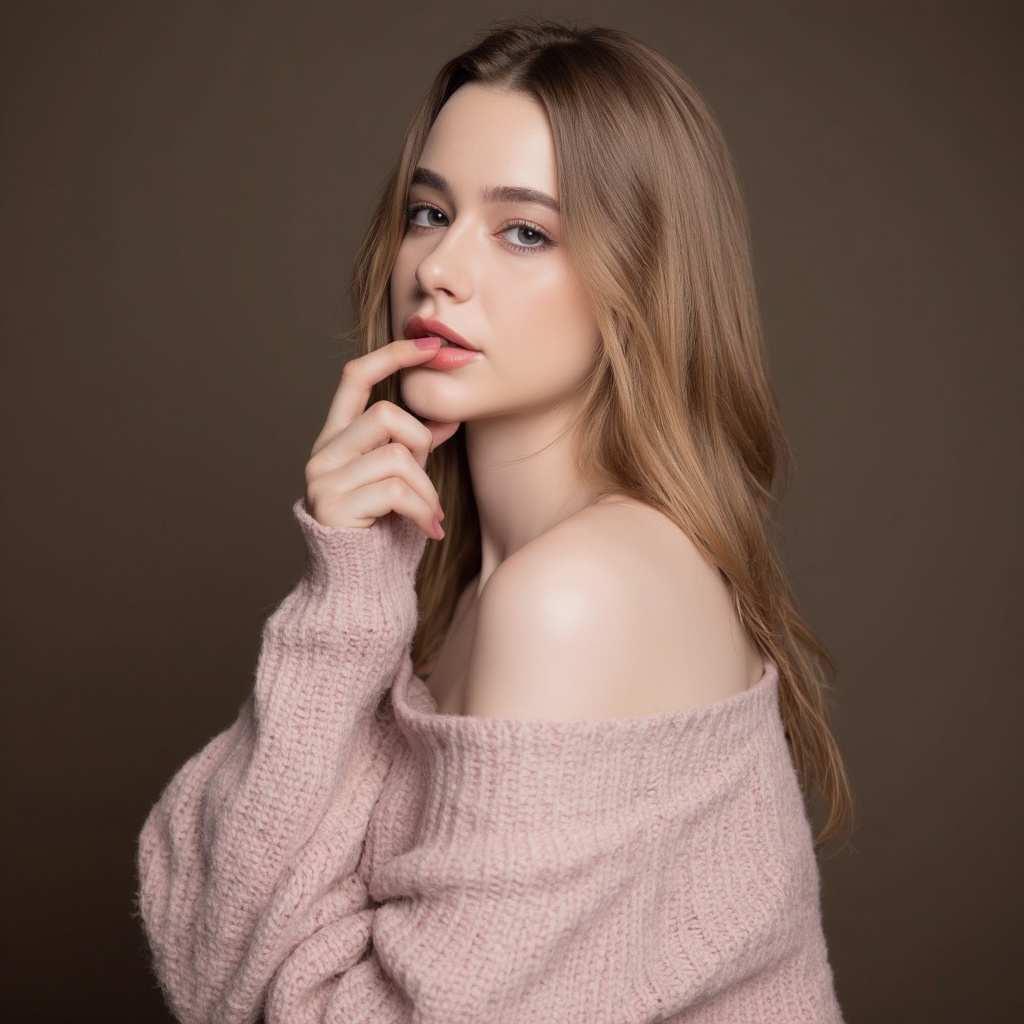 A portrait of dasha_taran with long,  wavy blonde hair. She wears a light pink,  off-the-shoulder sweater with a textured...