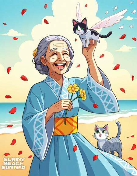 beautiful old woman holding a flower,  happy,  on the sunny summer beach on Tensor.Art