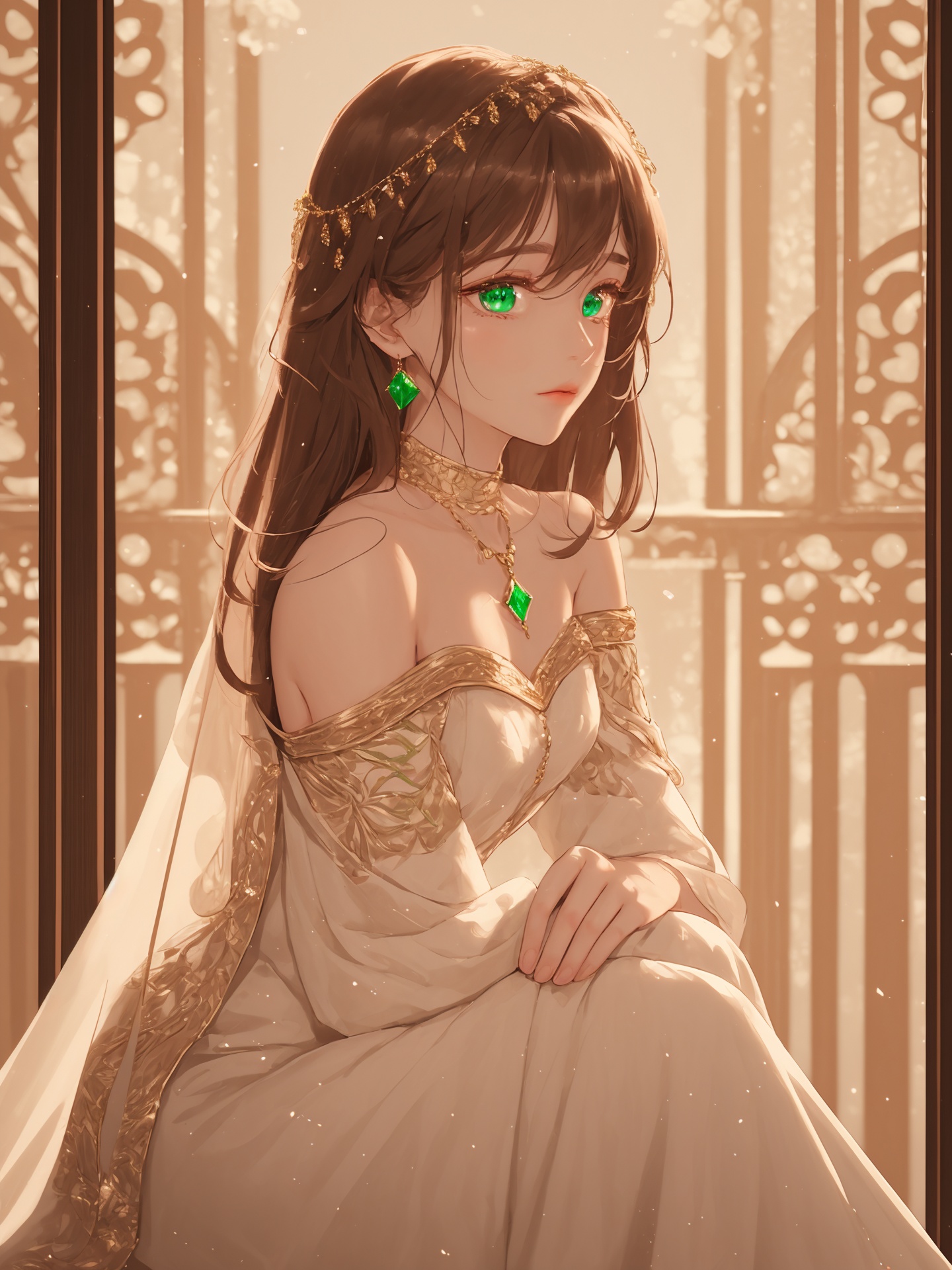 1 girl, A Central Asian princess, she has emerald eyes, brown hair, white dress, and some gold jewelry inlaid with green gems on her head. She looks sideways into the distance, In the background is a palace, hime cut, sitting sideways, an extremely delicate and beautiful, an extremely delicate and beautiful, an extremely delicate and beautiful girl, extremely detailed, beautiful detailed eyes, bare shoulder, detailed light, shine, hairs between eyes,  <lora:Festive_Bokeh_Anime:0.8>
