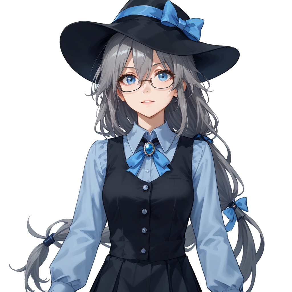 (white background:1.2),looking at viewer,(SOLO:1.4),outline,simple background,upper body, cowboy shot,looking at viewer,(((arms at side))),   fu hua,long hair,bangs,blue eyes,hair between eyes,low-tied long hair,hair ornament,grey hair,blue hair,collar,vest,top hat,brooch,blue shirt,pleated skirt,black dress,semi-rimless eyewear,black headwear,skirt,shirt,hat bow,hat,blue ribbon,blue bow,<lora:fh-shunv-pony:0.7>