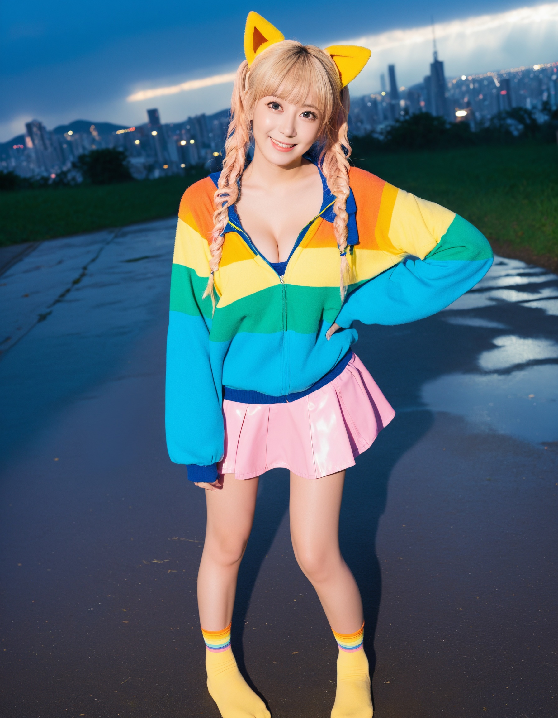 In a captivating 8K photograph,  photo of a J-POP with a charming is dressed in a stylish [[yellow|indigo:0.3] sweatshirt...