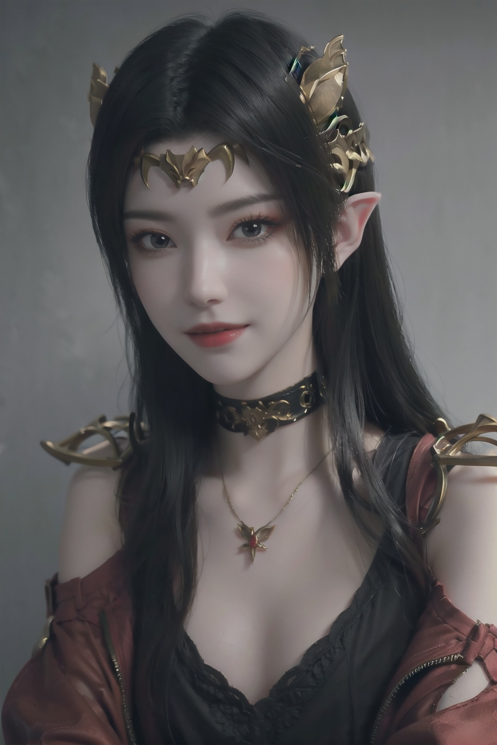 1girl,dress,hair ornament,pointy ears,choker,long sleeves,looking at viewer,smile,photography,super realistic,dynamic,exquisite (photography:1.3),grey_background,fashion photography,simple background,posing,((best quality)),((masterpiece)),((ultra-detailed)),HDR,