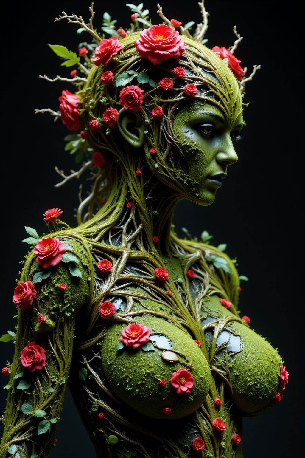 The image depicts a surreal and fantastical figure that appears to be a fusion of nature and human form. The figure is cov...