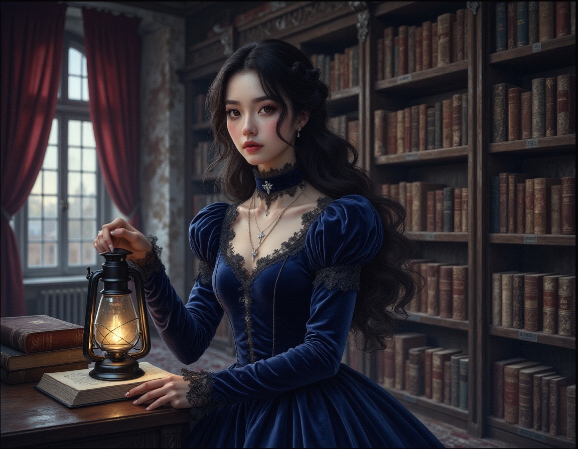 <lora:lora.gete:1>,Please draw the interior of an old European library at dusk. An Asian female librarian dressed in Victorian Gothic attire,featuring a deep sapphire plush velvet dress with delicate lace accents. She has fair skin and flowing hair. She wears a silver cross necklace and holds a lit kerosene lamp,illuminating the ancient books on the towering bookshelves. The background consists of high bookshelves and crimson hangings,filling the library with an atmosphere of mystery and poetry. The scene is illuminated by soft diffused light,casting long shadows and enhancing the depth and contrast of the image. The composition focuses on her elegant and slender silhouette,with books and shadows on the bookshelves adding depth and contrast,creating a tranquil and mysterious ambiance.,
