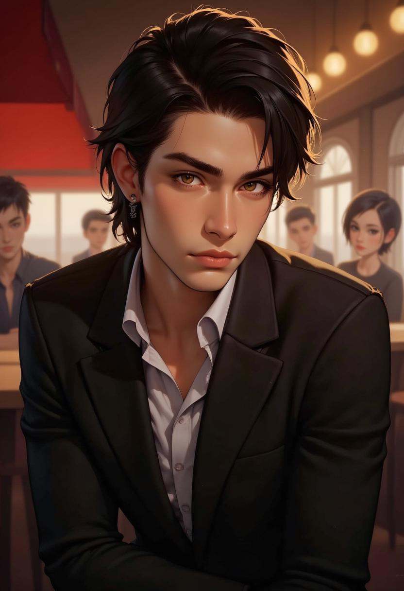 1 elegant business man,  close up portrait in cafe terrace,  perfect night light. Realistic anime on Tensor.Art