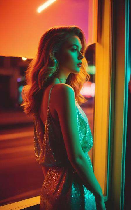 A portrait photography,  neon night,  a girl standing at a street-facing window looking out into the street on Tensor.Art