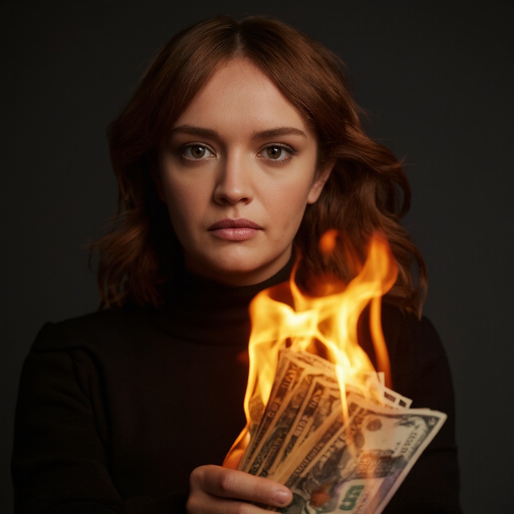 A dramatic,  close-up portrait of olivia_cooke with wavy,  reddish-brown hair. she wears a black sweater and she holds a b...
