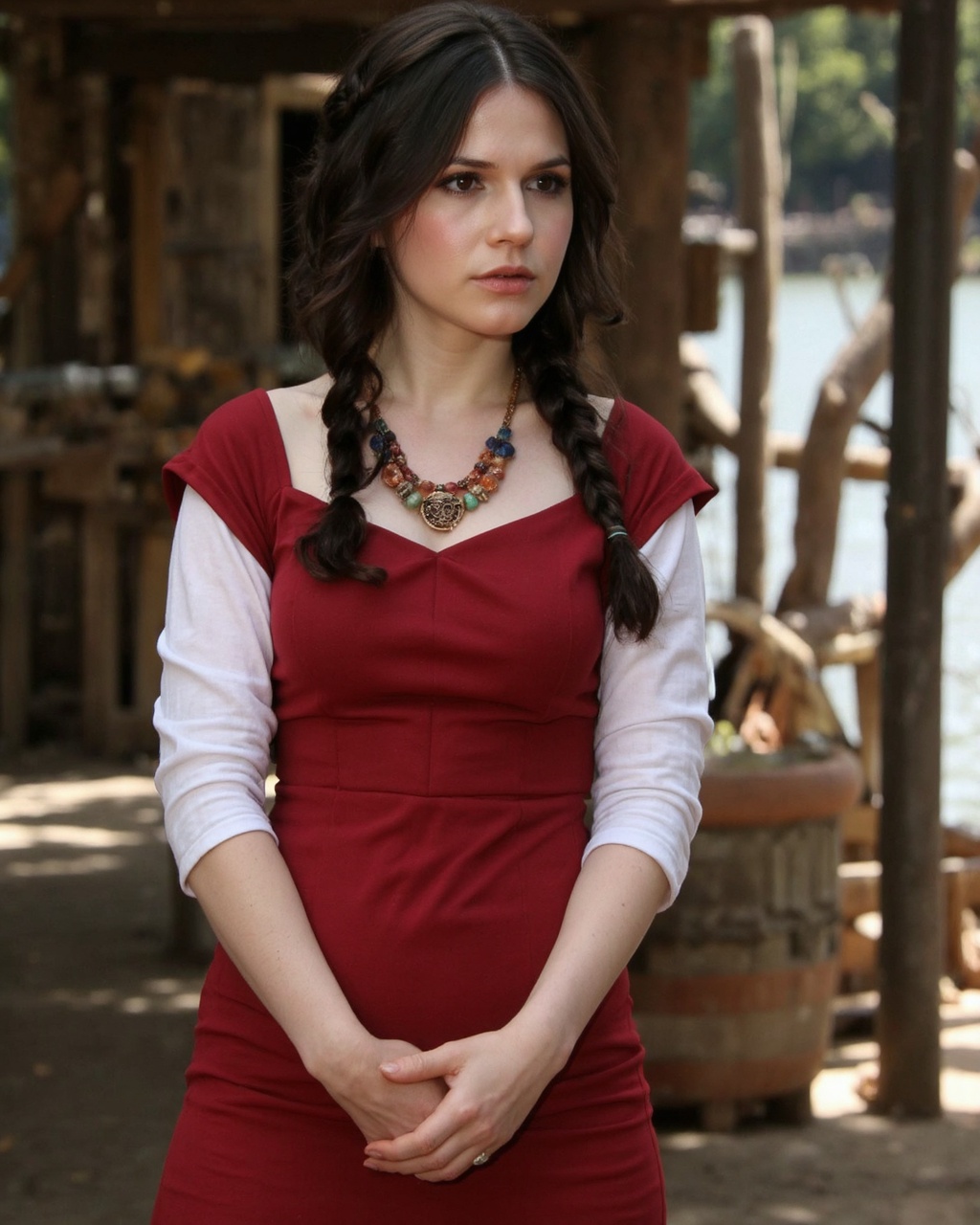 A still from a film or television show depicts erin_sanders in a rustic setting. She has long,  black hair styled in a bra...