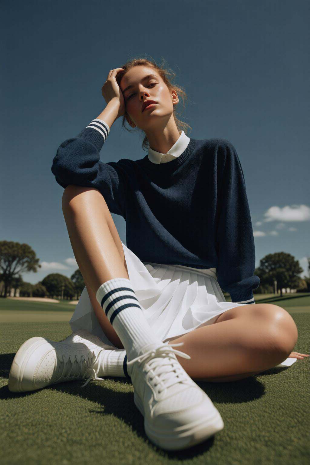 midjourneylowangle11q Low angle shot. A woman is sitting on a grassy golf course,  wearing a blue sweatshirt,  a white ple...