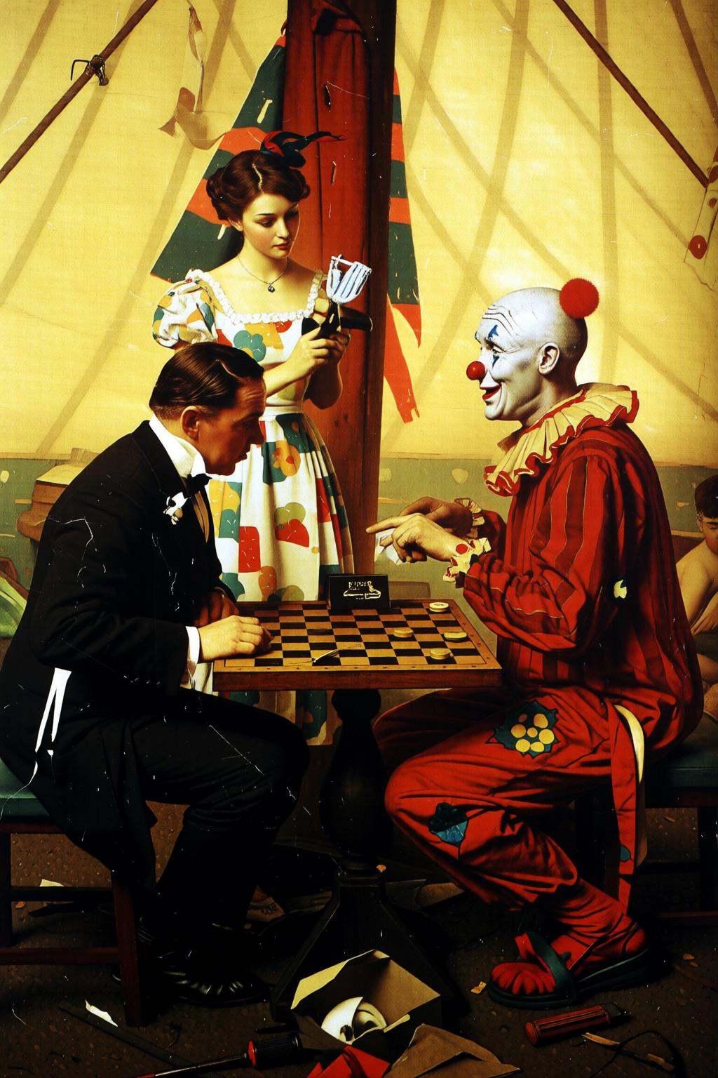 normanrockwell2q illustration.Two men and a woman are playing checkers against a clown in a circus tent with a golden-yell...