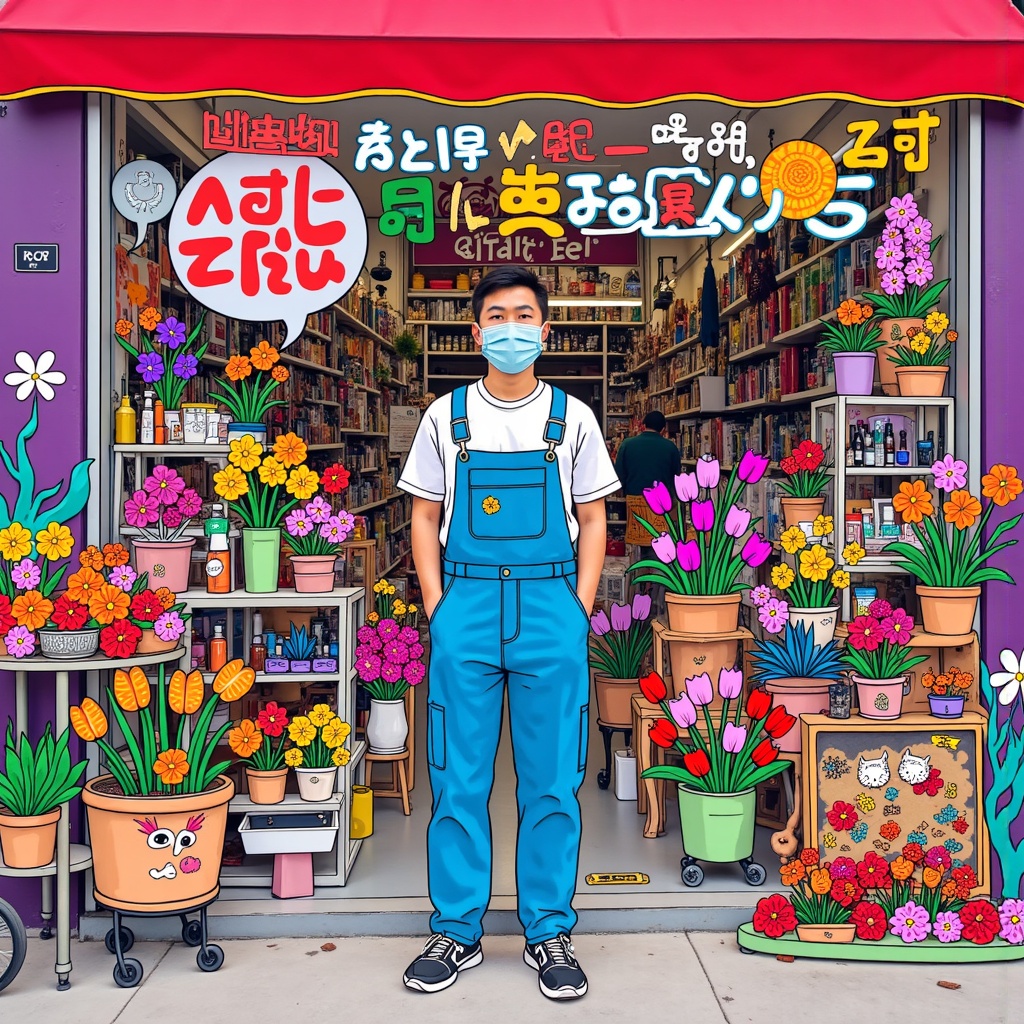 Realitycompositing,there is a man standing in front of a store with a face mask on,james jean and petra cortright,David ****,vivid colorful comics style,artist wearing overalls,vibrant cartoon art,vivid colorful comic style,style of ian hubert,colorful comics style,korean artist,artwork in style of sheng lam,colorful doodle art,victo ngai and tristan eaton,kenny wong x pop mart,juxtapoz aesthetic,illustrated in whimsical style,flower shop scene,trending on artstartion,hsiao-ron,roy lichtenstein and jackie tsai,trending on artstatioin,great use of line work and color,multi-layered artworks,Victor Wang,wonderful compositions,trending on artstration,artist wearing torn overalls,hyung-tae kim,hyung - tae kim,hi - fructose art magazine,art style of noel coypel,trending on artstattion,coloring book style,