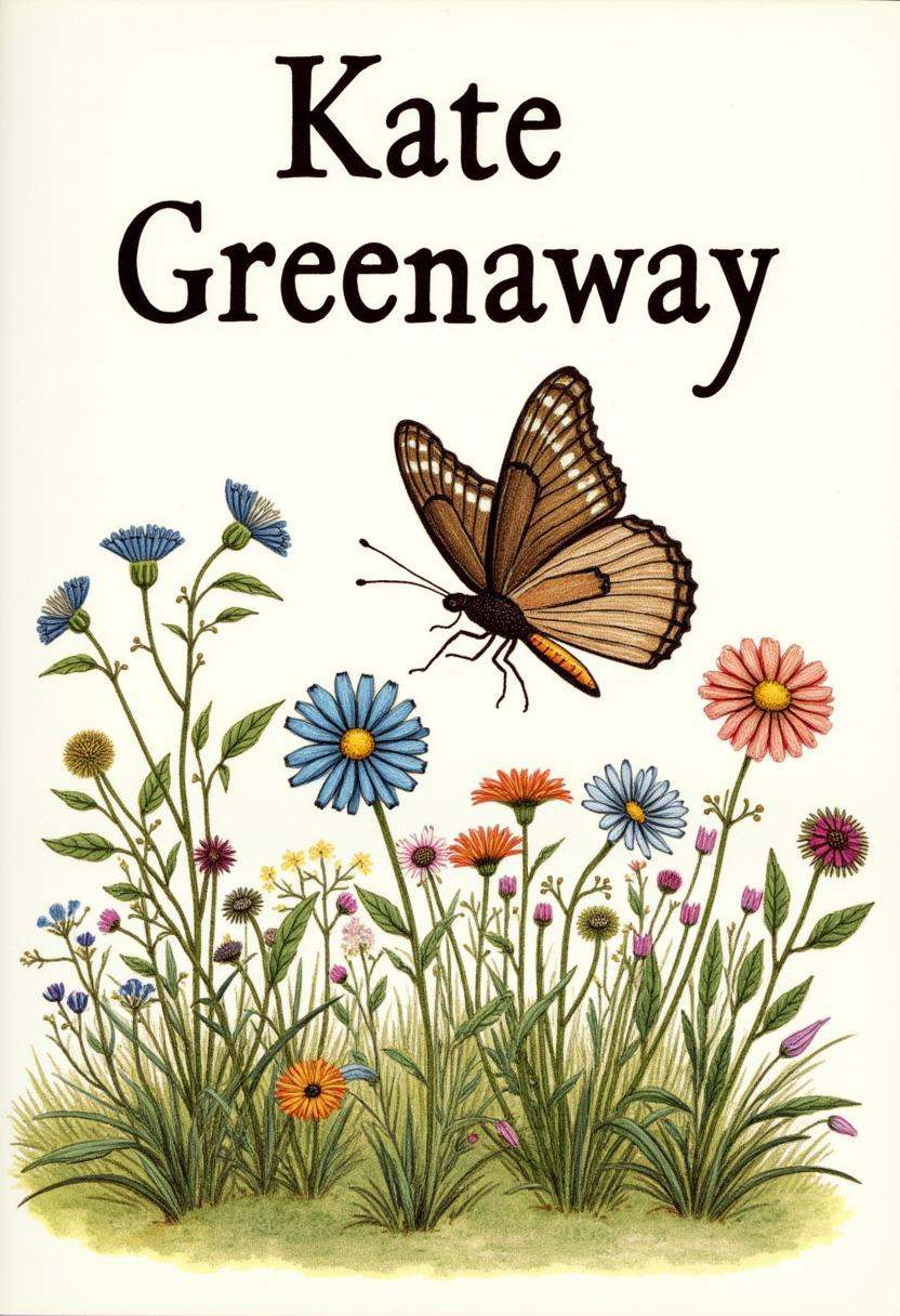 watercolor and ink illustration by Kate Greenaway. features a butterfly in a beautiful meadow with wildflowers,  with larg...