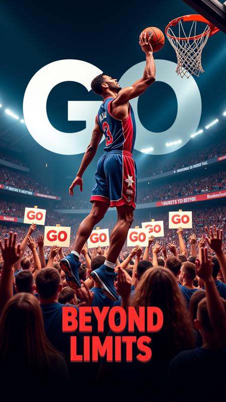 A high-energy sports poster with a basketball player mid-dunk. The crowd in the background holds up signs that spell "Go B...