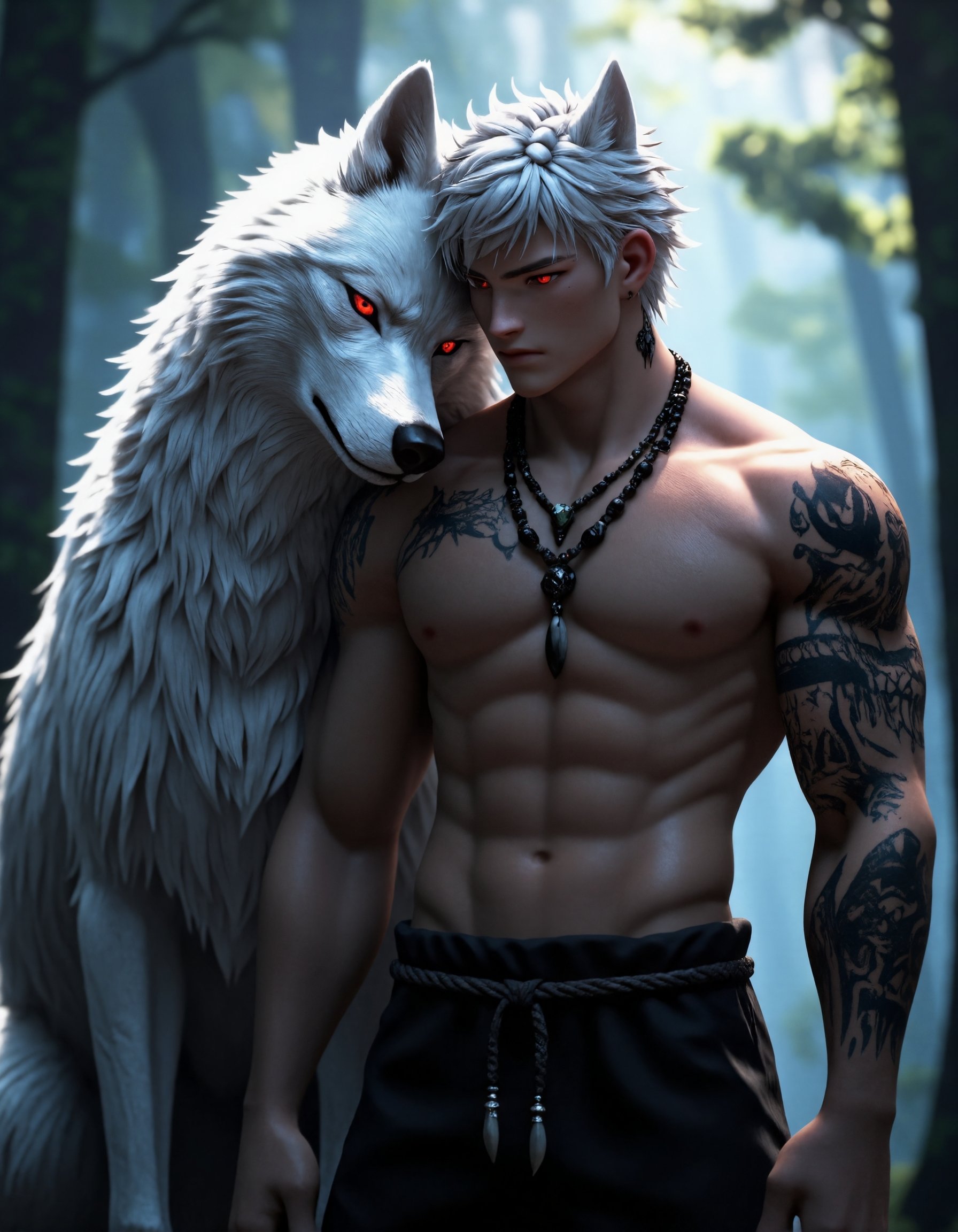 A muscular,  3D anime-style male character with wolf-like features,  including sharp white wolf ears and piercing red eyes...