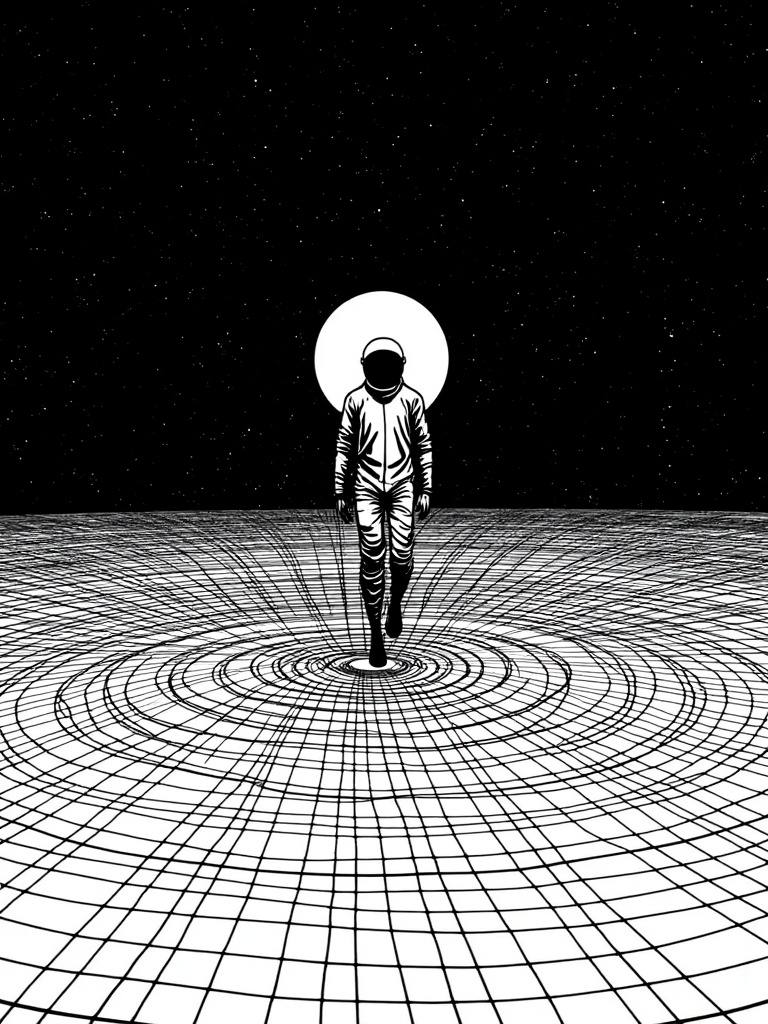 lna line art style of "An astronaut silhouette walking on a web-like grid that extends infinitely into a starry cosmic bac...