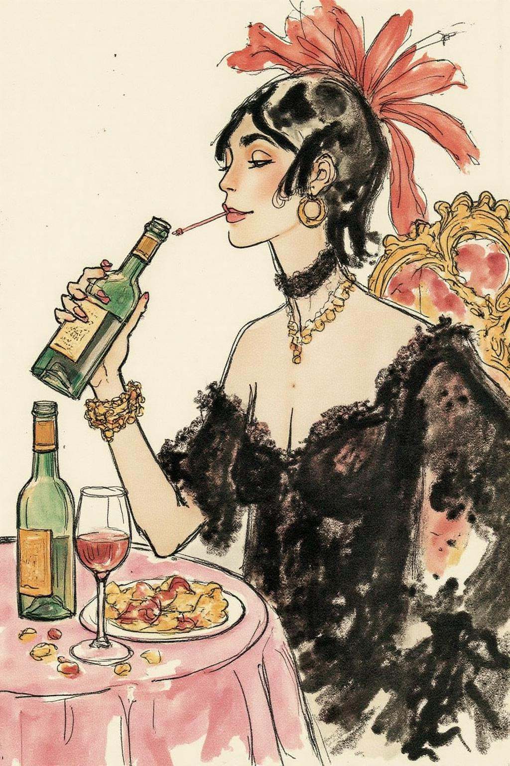 hugop1 illustration. A woman sitting at a table with a bottle of wine in her hand. The woman is wearing a black little dre...
