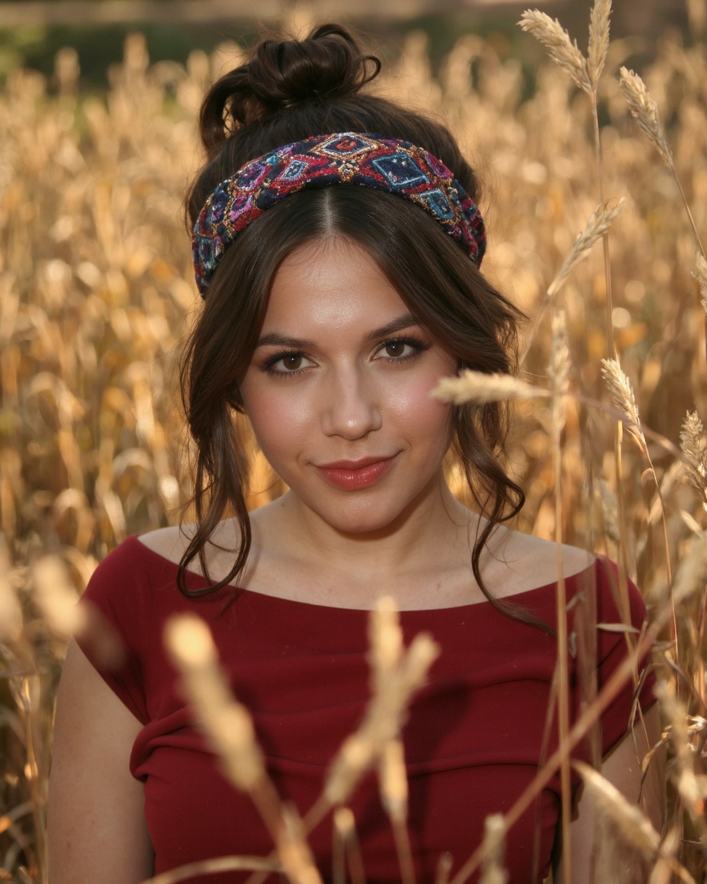 A portrait of erin_sanders in a field of tall,  golden grass illuminated by the warm glow of the setting sun. She wears a...